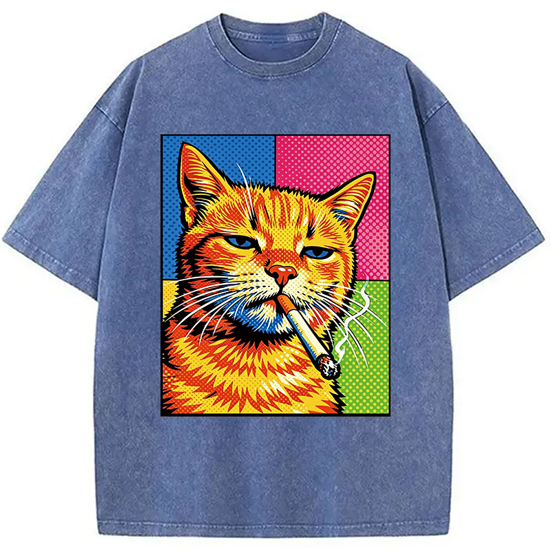 Tokyocanvas Cat Smoking Cigarette Washed T-Shirt