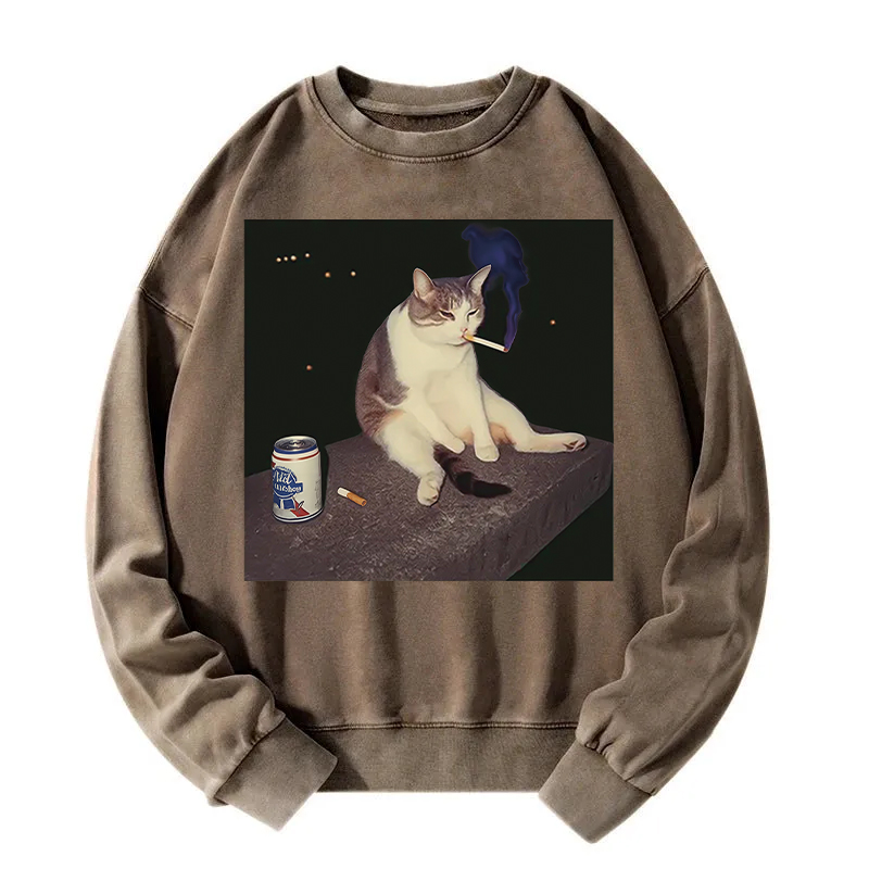 Tokyocanvas Cigarette Kitten Funny Smoking Cat Meme Washed Sweatshirt