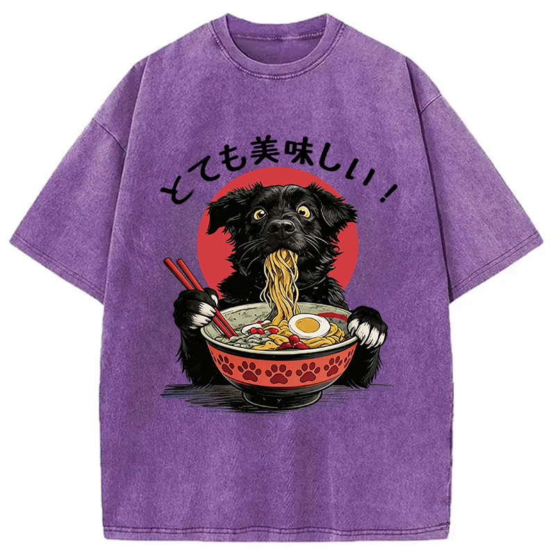 Tokyocanvas Dog Eating Ramen Joyfully Washed T-Shirt