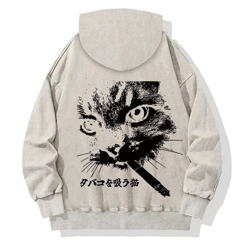 Tokyocanvas Retro Cat Smoking Back Washed Hoodie