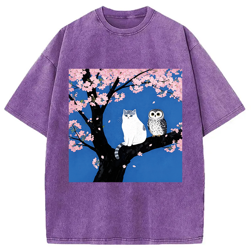 Tokyocanvas Cat And Owl Under Sakura Washed T-Shirt