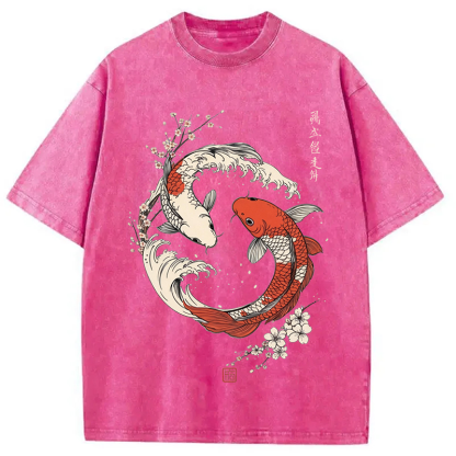 Tokyocanvas Koi Fish Cherry Blossoms Japanese Washed T-Shirt