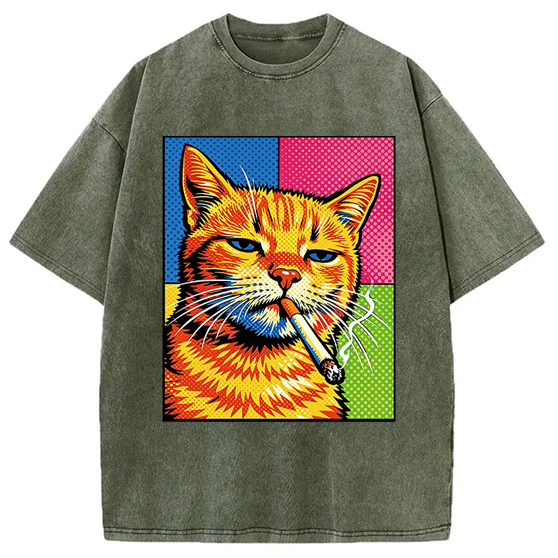 Tokyocanvas Cat Smoking Cigarette Washed T-Shirt