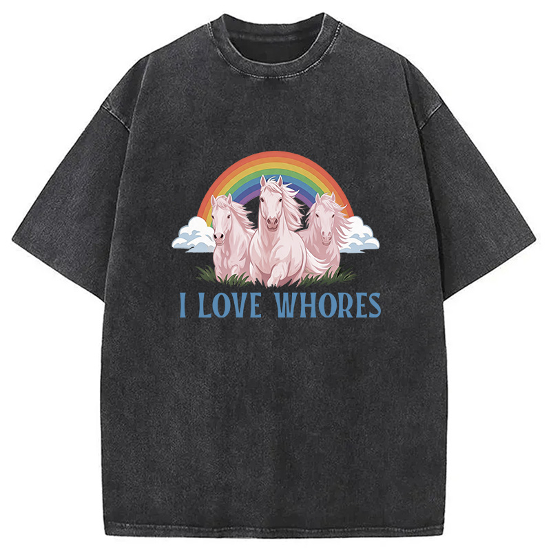 Tokyocanvas I Love Whores Rainbow Horse Washed T-Shirt