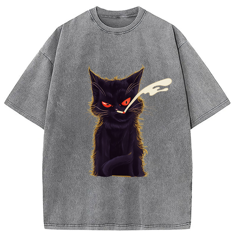 Tokyocanvas Funny Smoking Black Cat Face Washed T-Shirt