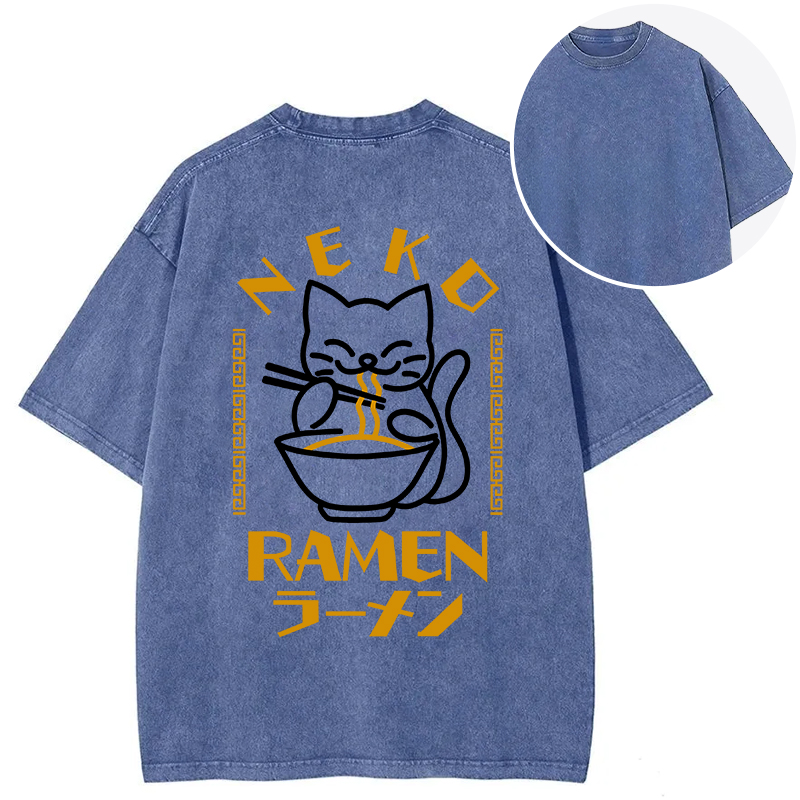 Tokyocanvas Cat Obsessed With Ramen Back Washed T-Shirt