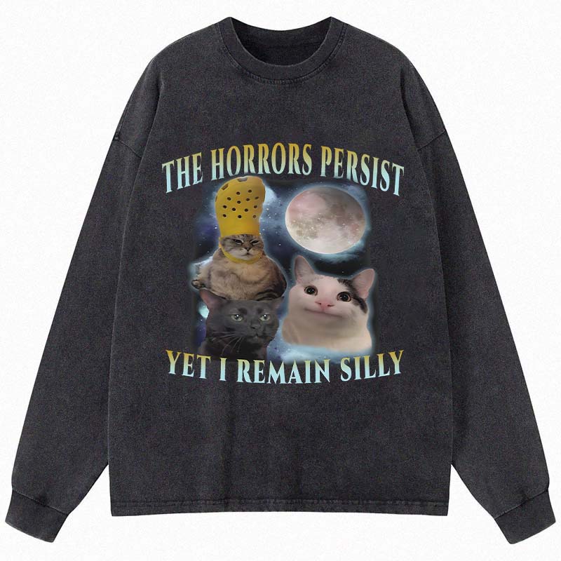 Tokyocanvas The Horrors Persist Yet I Remain Silly Cat Long Sleeve Washed T-Shirt