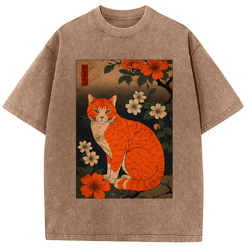 Tokyocanvas Orange Cat Japanese Art Washed T-Shirt