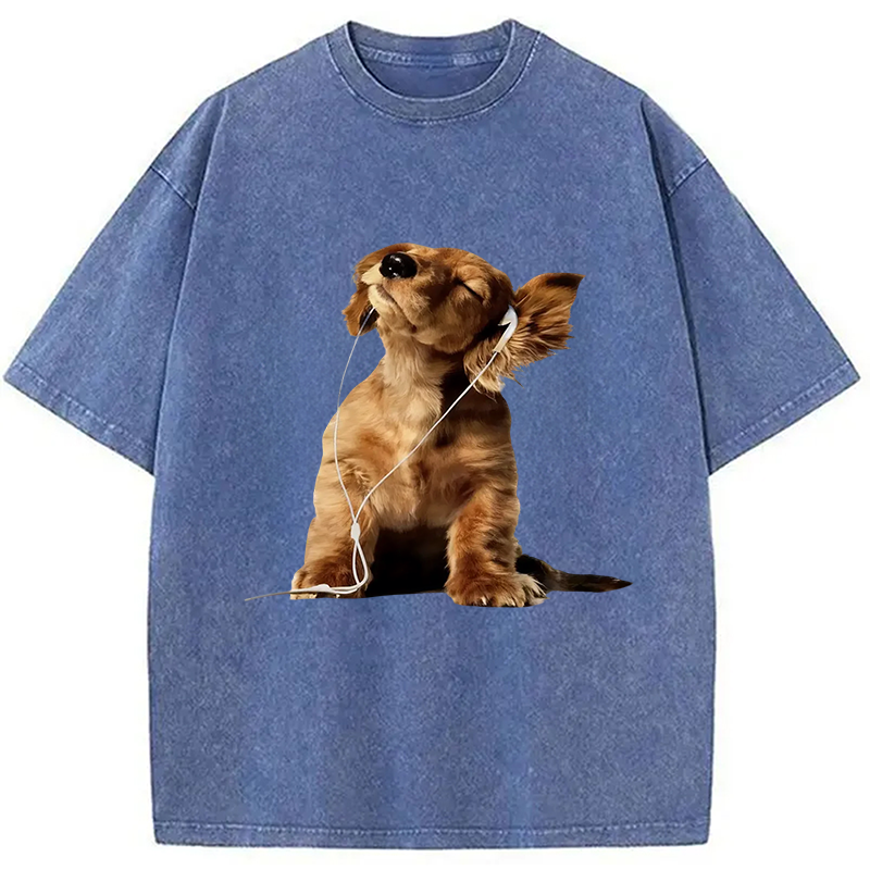 Tokyocanvas Dog Listening to Music Washed T-Shirt