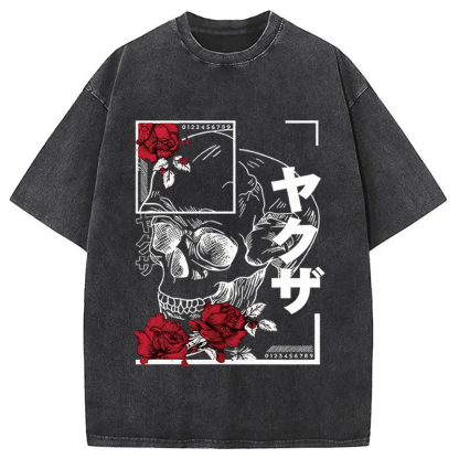 Tokyocanvas Skull Red Roses Washed T-Shirt