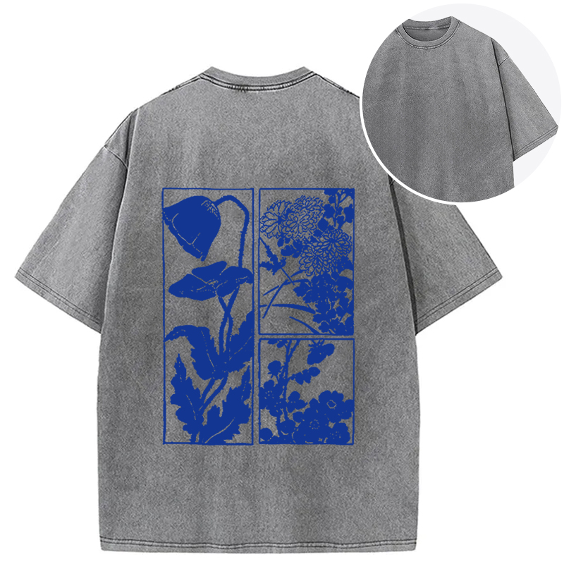 Tokyocanvas Woodcut Flowers Back Washed T-Shirt