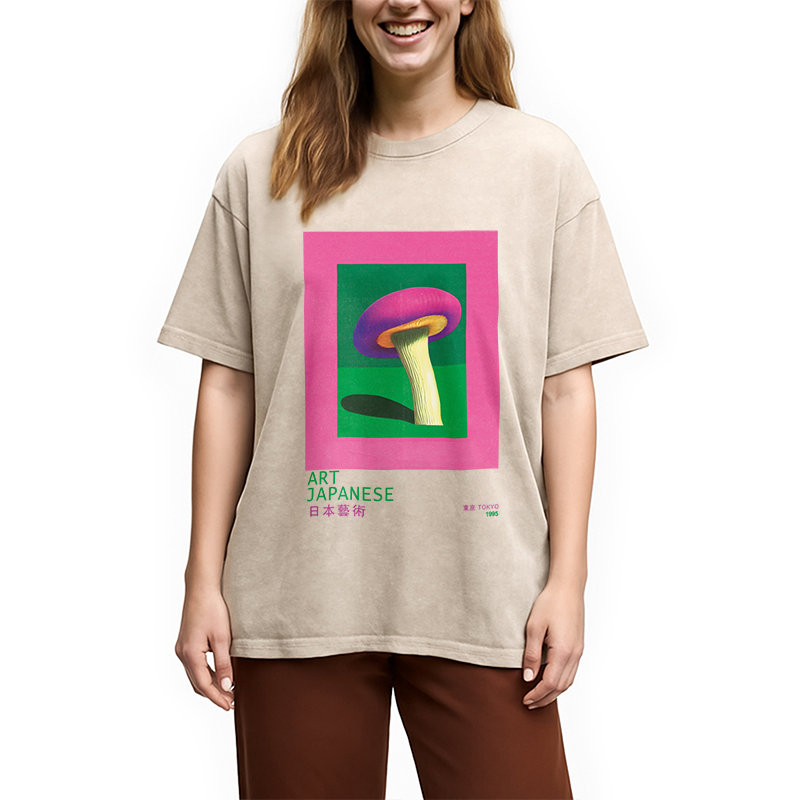 Tokyocanvas Japanese Art Pink Mushroom Vintage Washed T-Shirt