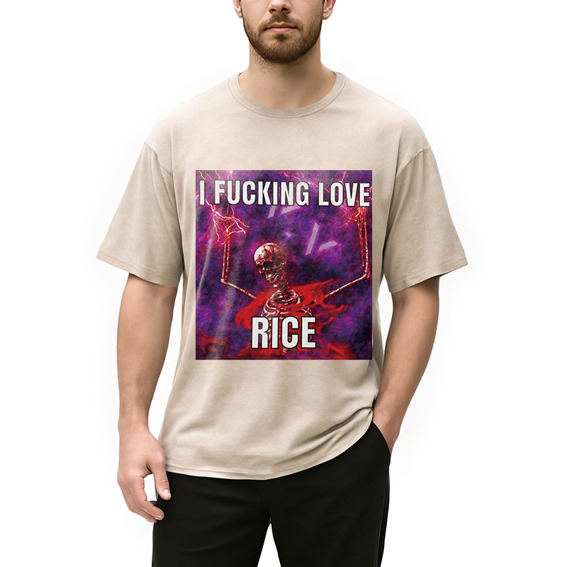 Tokyocanvas I F*cking Love Rice Funny Skeleton Meme Washed T-Shirt