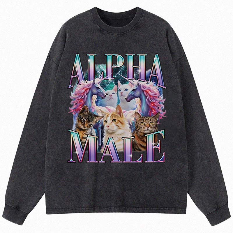 Tokyocanvas Alpha Male Unicorn Cat Long Sleeve Washed T-Shirt
