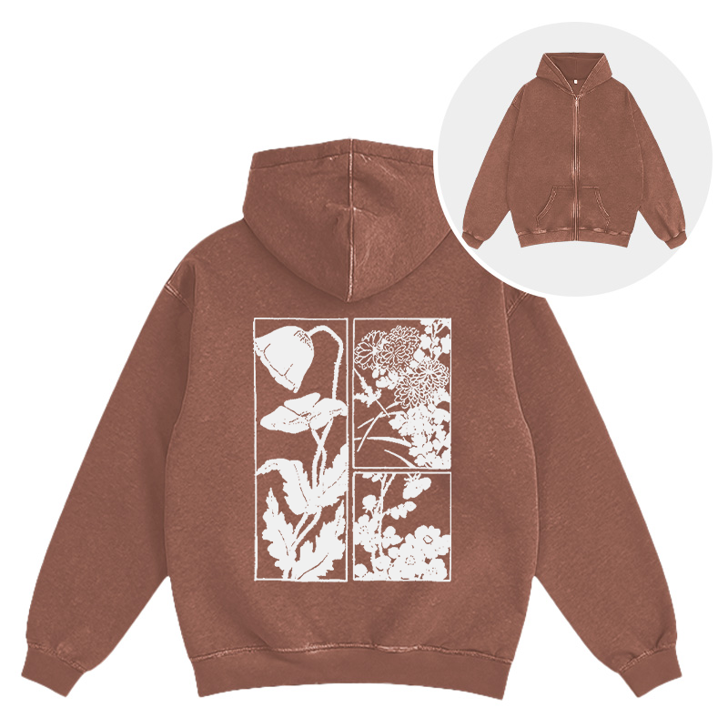 Tokyocanvas Woodcut Flowers Washed Zip Hoodie
