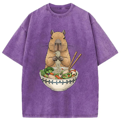 Tokyocanvas Funny Capybara Eating Ramen Washed T-Shirt