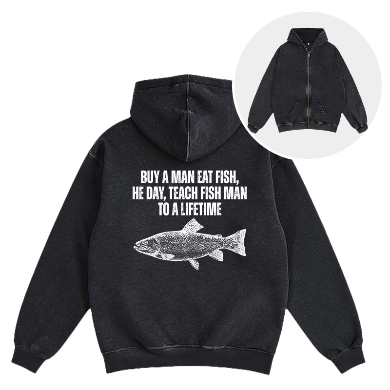 Tokyocanvas Buy a Man Eat Fish Funny Meme Washed Zip Hoodie