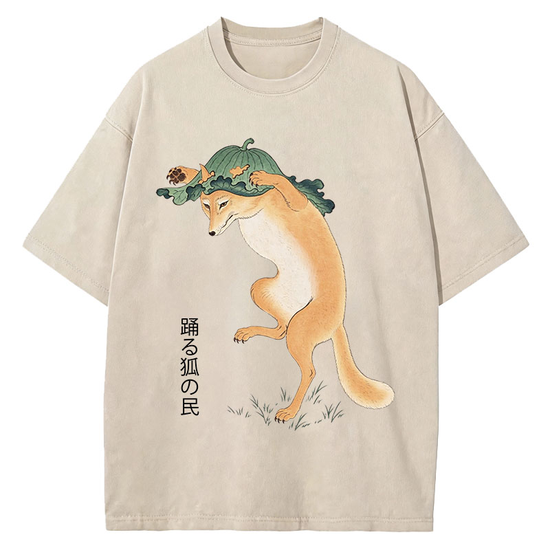 Tokyocanvas Dancing Fox Folk Woodblock Art Washed T-Shirt