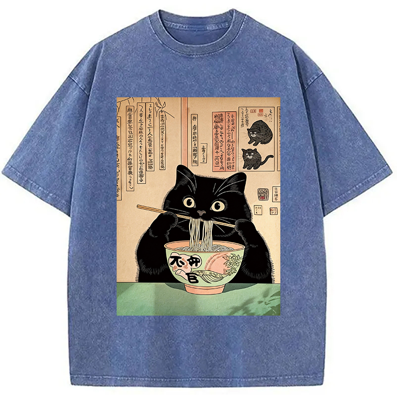 Tokyocanvas Black Cat Eating Noodles Washed T-Shirt