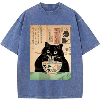 Tokyocanvas Black Cat Eating Noodles Washed T-Shirt