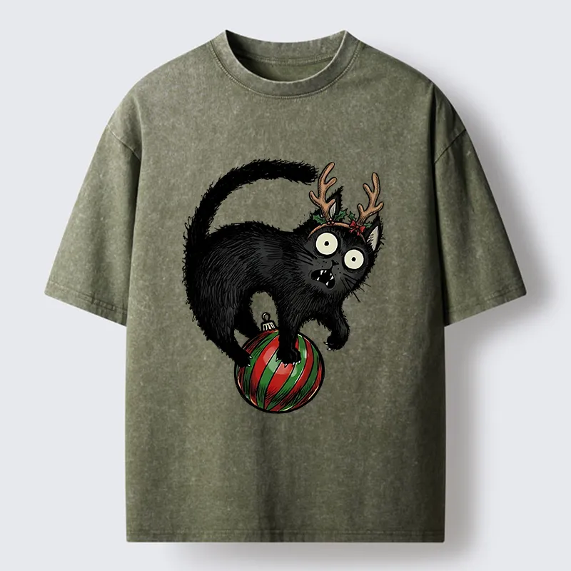 Tokyocanvas Black Cat Playing With Christmas Bauble Washed T-Shirt