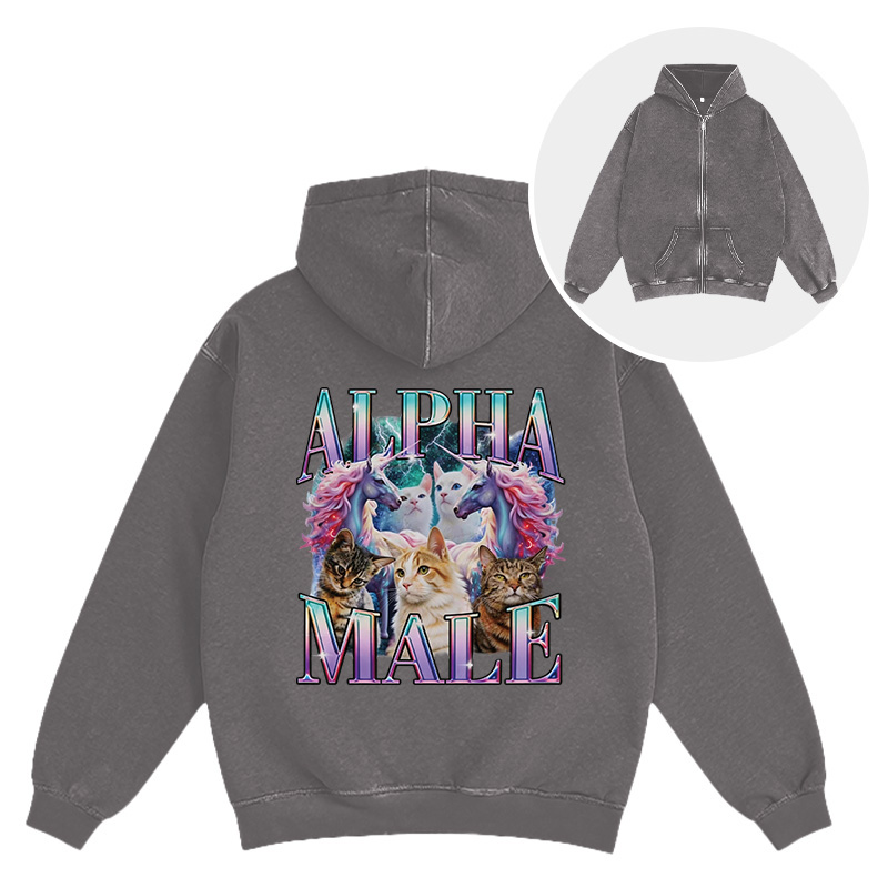 Tokyocanvas Alpha Male Unicorn Cat Washed Zip Hoodie