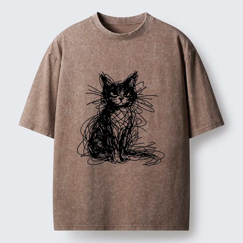 Tokyocanvas Funny Messy Line Cat Washed T-Shirt