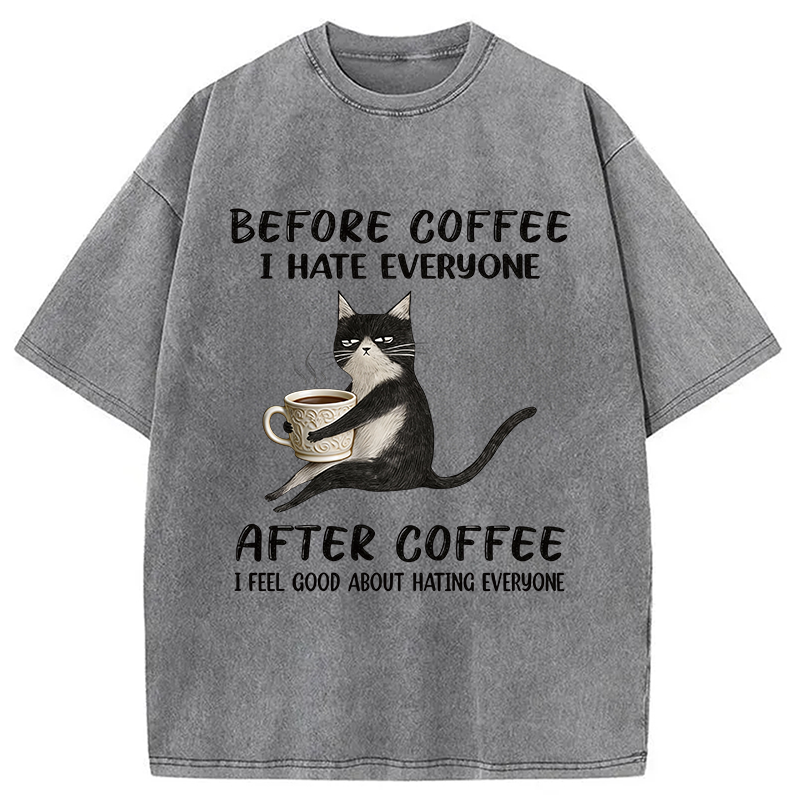 Tokyocanvas Funny Cat Coffee Washed T-Shirt