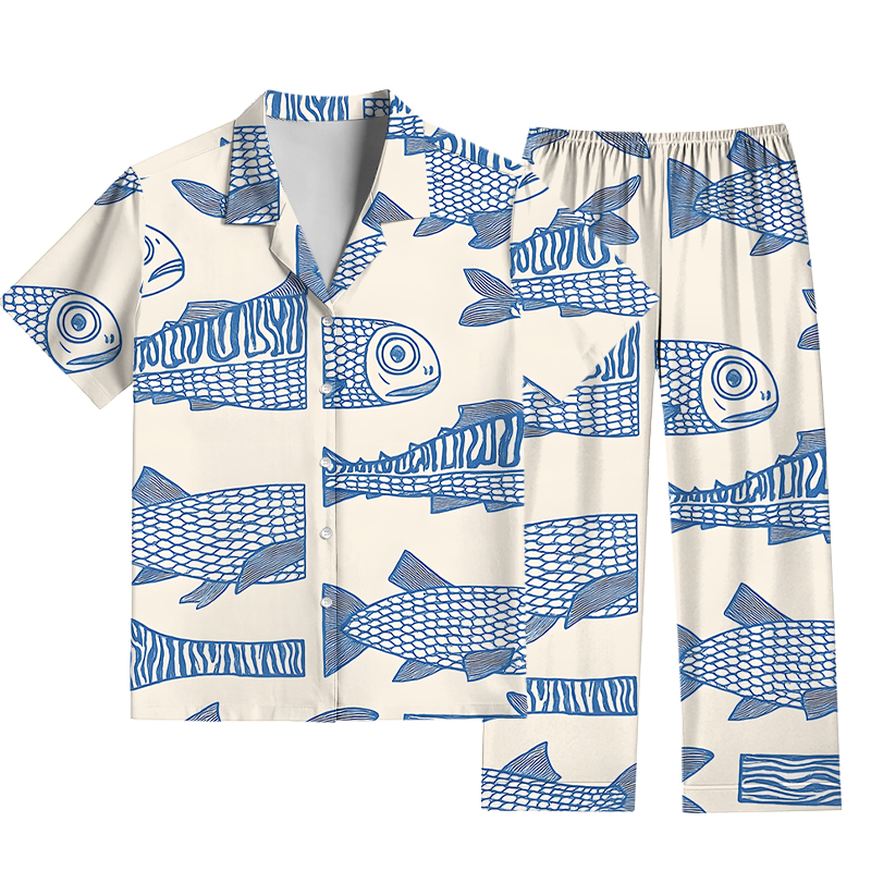 Tokyocanvas Japanese Blue Fish Pajama Set