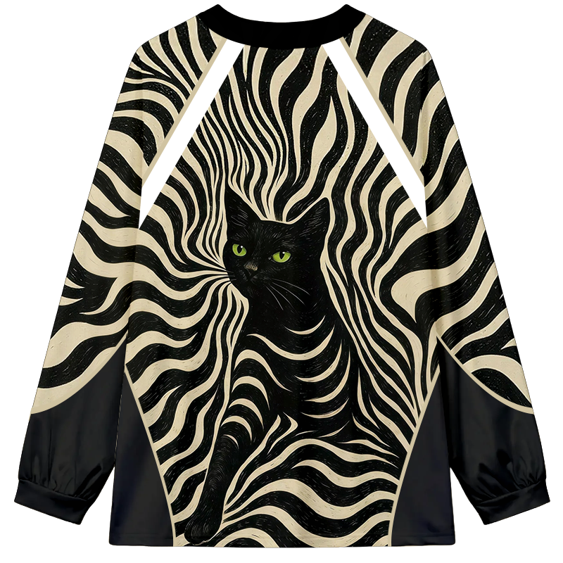 Tokyocanvas Modern Black Cat Long Sleeve Graphic Print T-Shirt