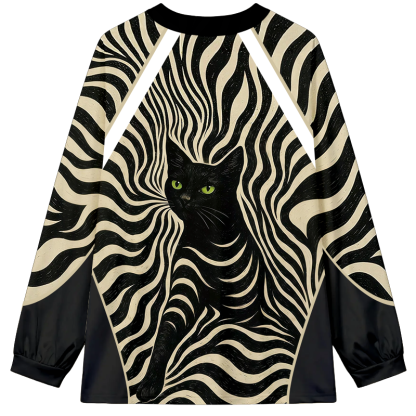 Tokyocanvas Modern Black Cat Long Sleeve Graphic Print T-Shirt