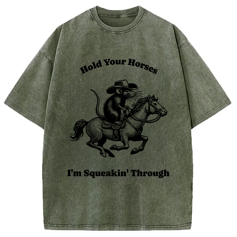 Tokyocanvas Hold Your Horse Funny Cowboy Rat Washed T-Shirt