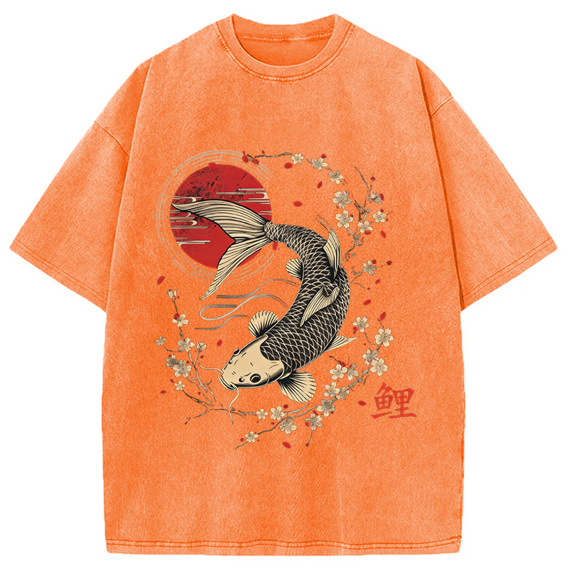 Tokyocanvas Kersenbloesem Koi Karper Washed T-Shirt