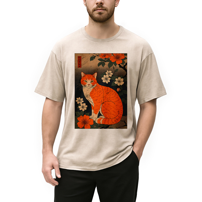 Tokyocanvas Orange Cat Japanese Art Washed T-Shirt