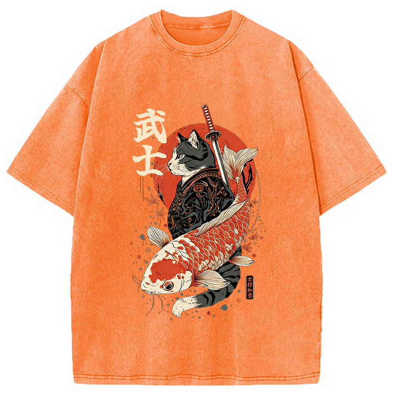 Tokyocanvas Samurai Cat And Koi Washed T-Shirt