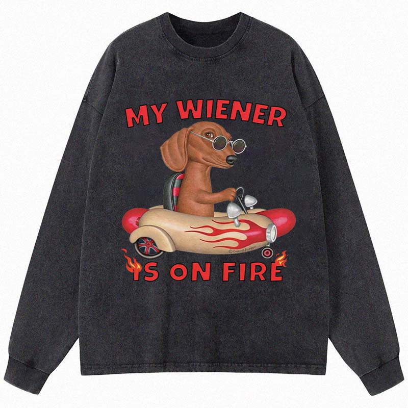 Tokyocanvas My Wiener Is On Fire Funny Dog Long Sleeve Washed T-Shirt