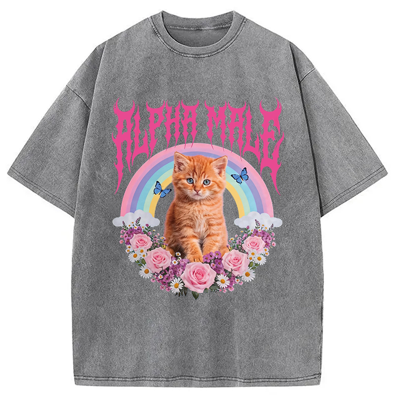 Tokyocanvas Alpha Male Funny Kitten Washed T-Shirt
