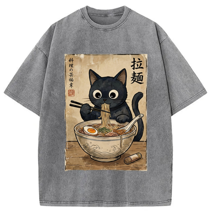 Tokyocanvas Kawaii Ramen Cat Retro Washed T-Shirt