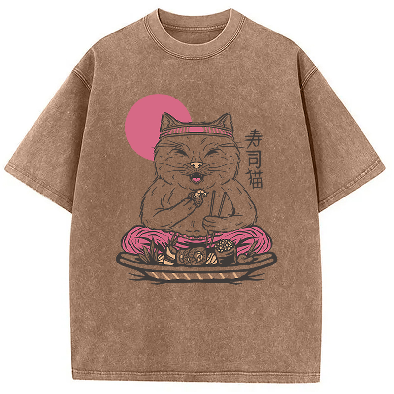 Tokyocanvas Cute Sushi Cat Eating Washed T-Shirt