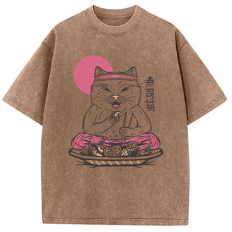 Tokyocanvas Cute Sushi Cat Eating Washed T-Shirt
