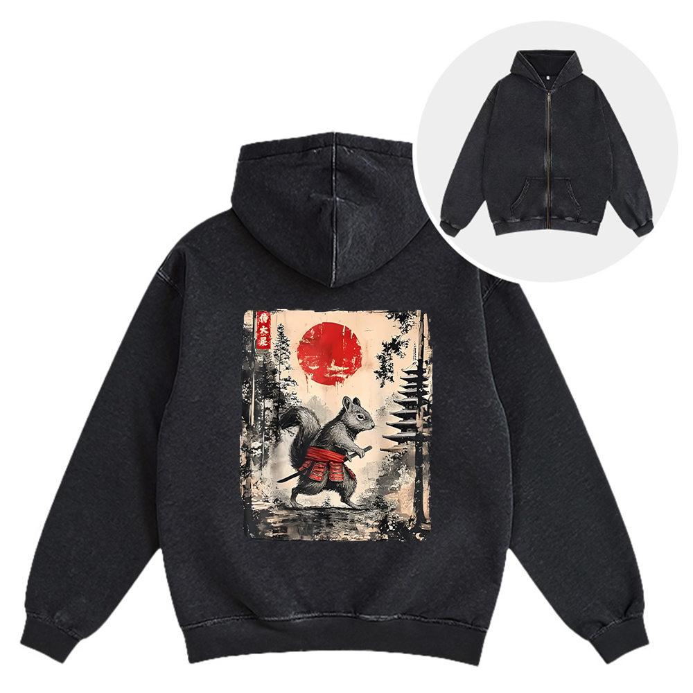Tokyocanvas Samurai Squirrel Japanese Vintage Washed Zip Hoodie