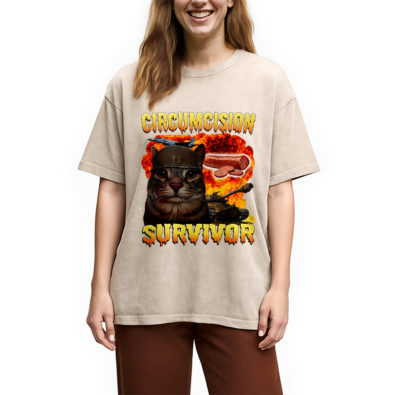 Tokyocanvas Circumcision Survivor Funny Cat Meme Washed T-Shirt