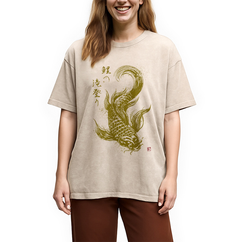 Tokyocanvas Koi Carp Japanese Calligraphy Washed T-Shirt