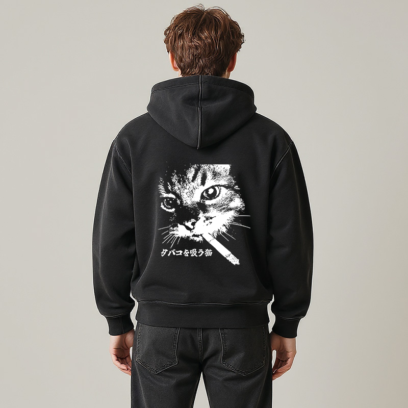 Tokyocanvas Retro Cat Smoking Washed Zip Hoodie