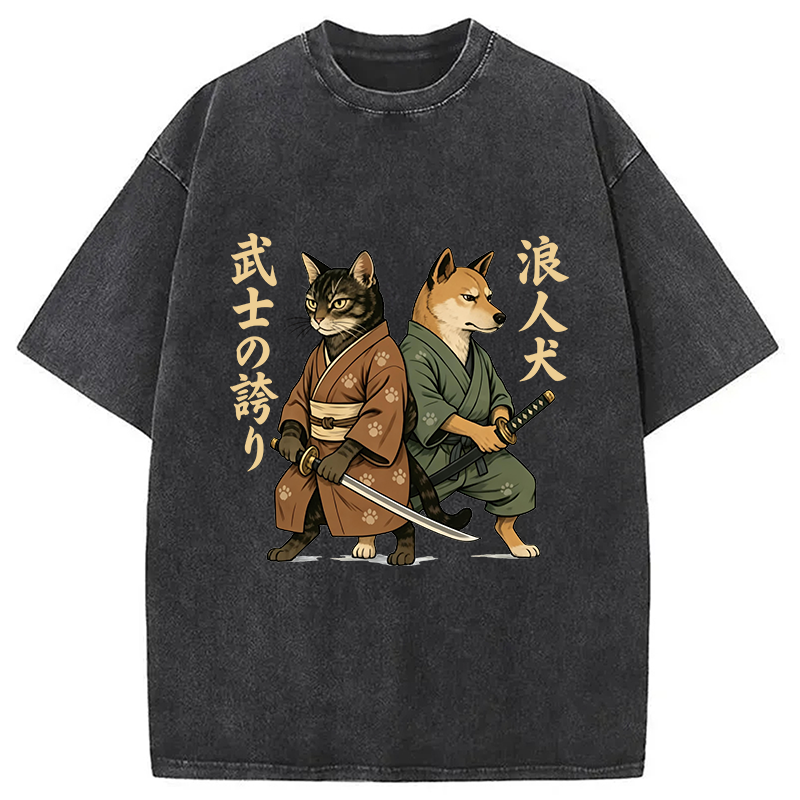 Tokyocanvas Samurai Cat vs Ronin Dog Washed T-Shirt