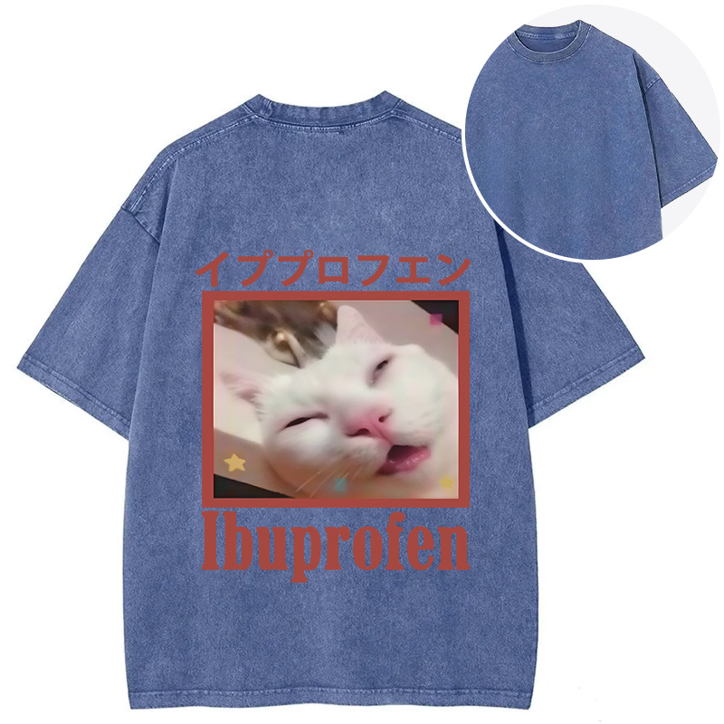 Tokyocanvas Ibuprofen Meme Cat Back Washed T-Shirt