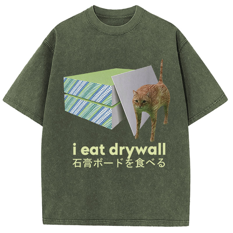 Tokyocanvas Eat Drywall Cat Meme Washed T-Shirt