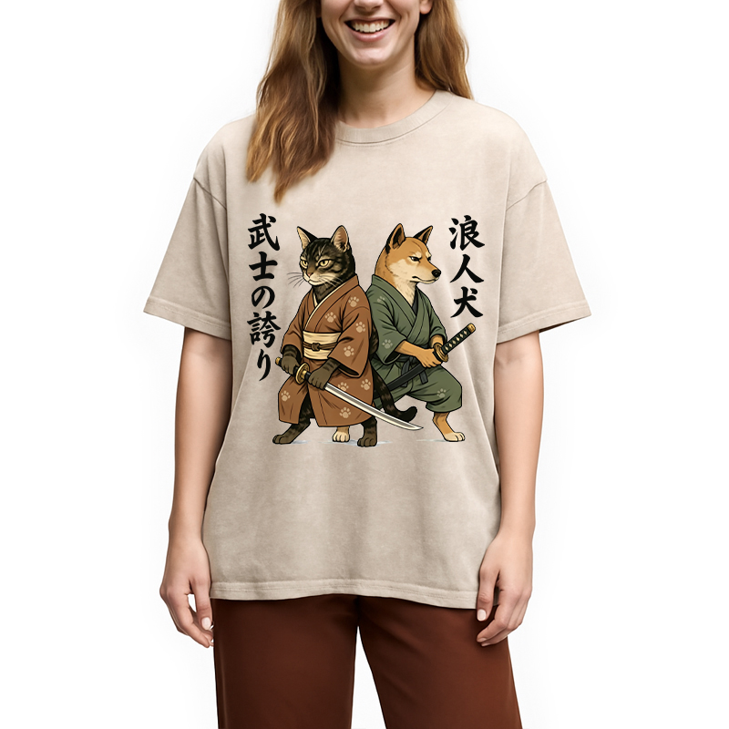 Tokyocanvas Samurai Cat vs Ronin Dog Washed T-Shirt