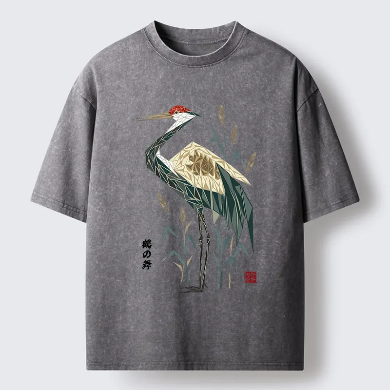 Tokyocanvas Geometric Crane Oriental Art Washed T-Shirt