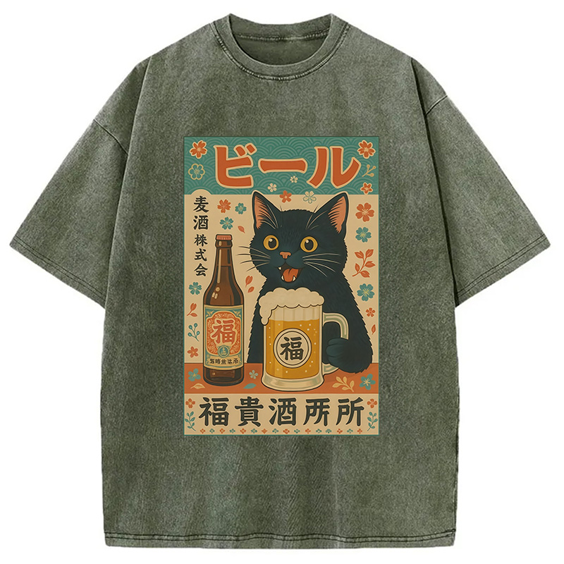 Tokyocanvas Japanese Black Cat Beer Washed T-Shirt